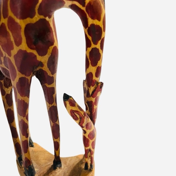 Hand Carved Mother Giraffe with Nursing Baby Wood Figurine 8”tall Made in Kenya - Picture 5 of 9